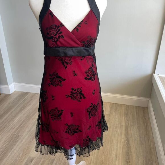 Y2K Red & Black Glitter Rose Sheer Applique Halter Dress Mall Goth Emo Vampire - Picture 2 of 8